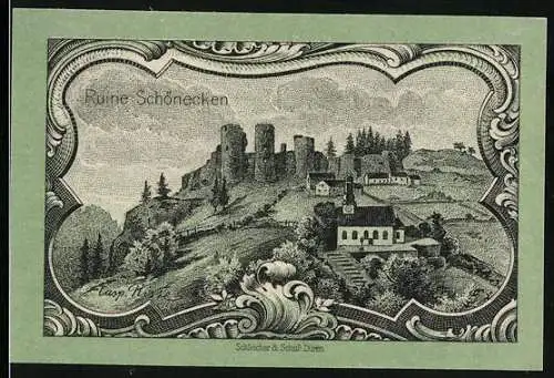 Notgeld Prüm 1920, 25 Pfennig, Ruine Schönecken und Wappen