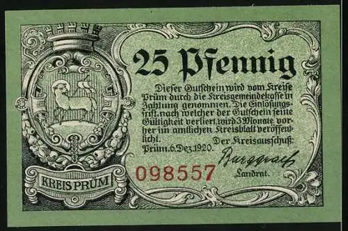 Notgeld Prüm 1920, 25 Pfennig, Ruine Schönecken und Wappen