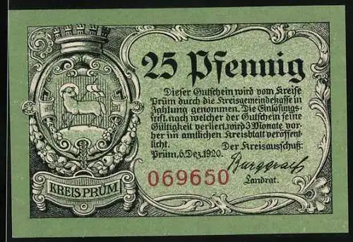 Notgeld Prüm 1920, 25 Pfennig, Ruine Schönecken und Wappen