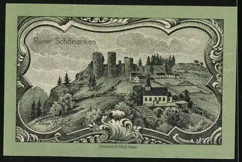 Notgeld Prüm 1920, 25 Pfennig, Ruine Schönecken und Wappen