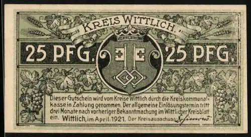 Notgeld Wittlich 1921, 25 Pfennich, Wappen und Eberhards Clausen vor 400 Jahren