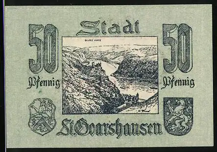 Notgeld St. Goarshausen, 50 Pfennig, Burg Katz und Wappen