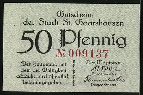 Notgeld St. Goarshausen, 50 Pfennig, Burg Katz und Wappen