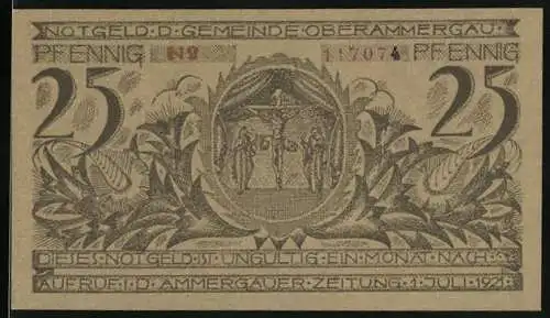 Notgeld Oberammergau 1921, 25 Pfennig, Kreuzigung und KIrche