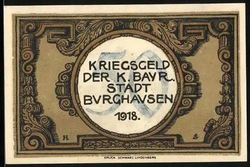 Notgeld Burghausen 1918, 50 Pfennig, Teilansicht vom Ort