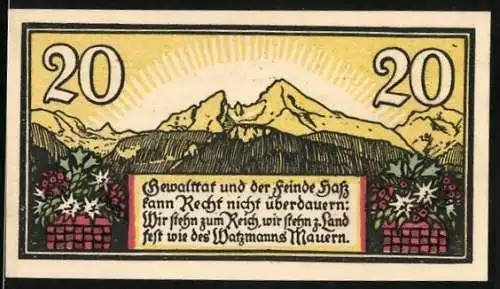 Notgeld Berchtesgaden 1920, 20 Pfennig, Gebirgskette und Wappen