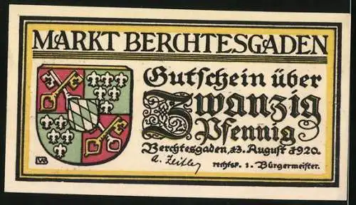 Notgeld Berchtesgaden 1920, 20 Pfennig, Gebirgskette und Wappen