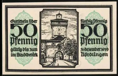 Notgeld Nördlingen 1918, 50 Pfennig, Reimlinger Tor und Wappen