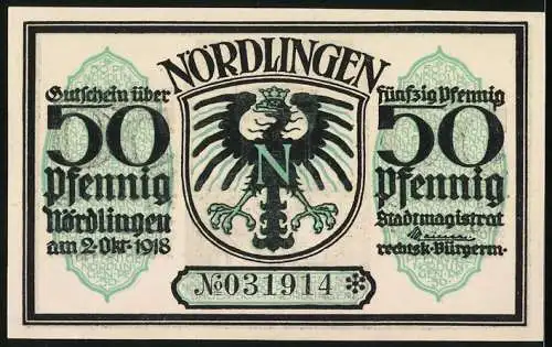 Notgeld Nördlingen 1918, 50 Pfennig, Reimlinger Tor und Wappen