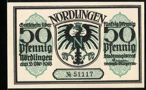 Notgeld Nördlingen 1918, 50 Pfennig, Wappen, Reimlinger Tor