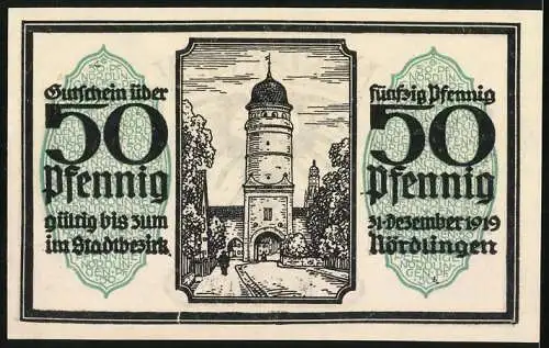 Notgeld Nördlingen 1918, 50 Pfennig, Wappen, Reimlinger Tor