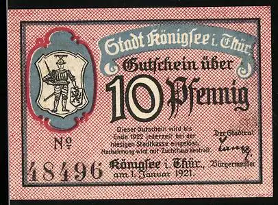 Notgeld Königsee i. Thür. 1921, 10 Pfennig, Wappen und Kräuterspezerein