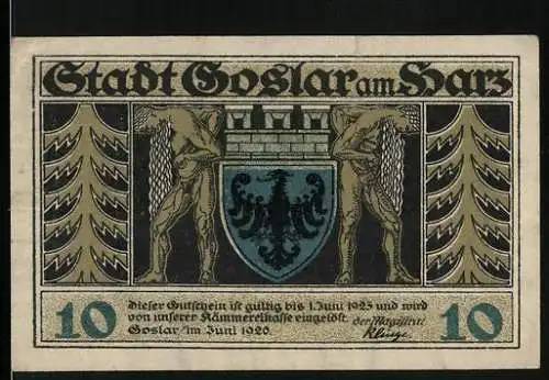 Notgeld Goslar am Harz 1920, 10 Pfennig, Wappen und Statue