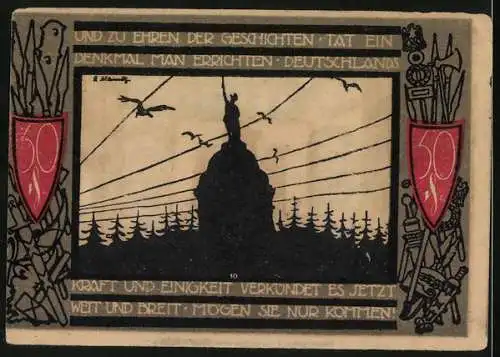 Notgeld Detmold 1920, 50 Pfennig, Wappen und Hermannsdenkmal