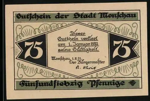 Notgeld Monschau 1921, 75 Pfennig, Ruine Haller