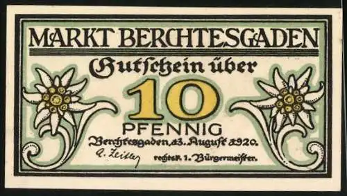 Notgeld Berchtesgaden 1920, 10 Pfennig, Bergmann und Edelweiss
