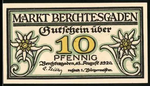 Notgeld Berchtesgaden 1920, 10 Pfennig, Bergmann und Edelweiss
