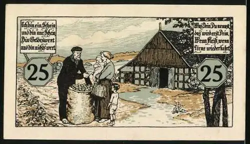 Notgeld Melle 1920, 25 Pfennig, Rathaus Mutter mit Kindern kauft beim Bauer
