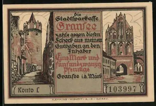 Notgeld Gransee i. d. Mark, 125 Pfennig, Pulverturm und Ruppiner Tor, Schlachtszene