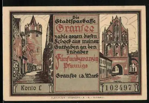 Notgeld Gransee i. d. Mark, 175 Pfennige, Pulverturm und Ruppiner Tor, Turmbläser