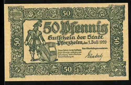 Notgeld Pforzheim 1920, 50 Pfennig, Wappen und junge Frau mit Engel