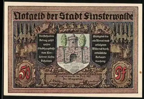 Notgeld Finsterwalde 1921, 50 Pfennig, Wappen, Bürgermeister Abrah. Rosswig gewinnt die Bürgerheide