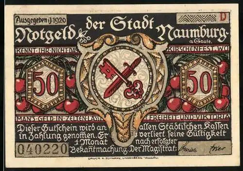 Notgeld Naumburg a. d. Saale 1920, 50 Pfennig, Wappen, drei Gestalten
