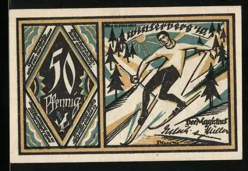 Notgeld Winterberg i. W., 50 Pfennig, Skifahrer und Tannenwald mit Kirche