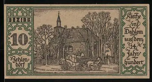 Notgeld Berlin 1921, 50 Pfennige, Kirche in Dahlem aus dem 14. Jahrhundert und Wappen