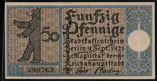 Notgeld Berlin 1921, 50 Pfennig, Wappen und frühere Kirche von Steglitz aus dem 13. Jahrhundert