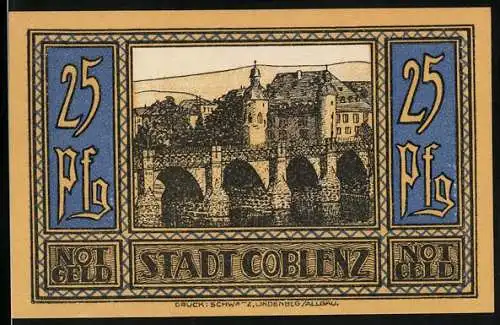Notgeld Coblenz 1921, 25 Pfennig, Balduinbrücke und Wappen