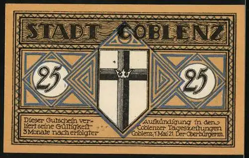 Notgeld Coblenz 1921, 25 Pfennig, Balduinbrücke und Wappen