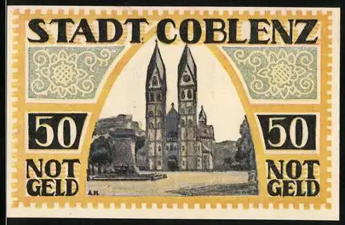 Notgeld Coblenz 1921, 50 Pfennig, Basilika Sankt Kastor, Wappen