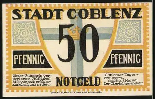 Notgeld Coblenz 1921, 50 Pfennig, Basilika Sankt Kastor, Wappen