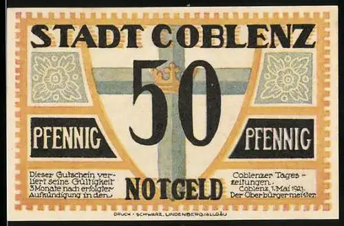 Notgeld Coblenz 1921, 50 Pfennig, Wappen und Königl. Schloss