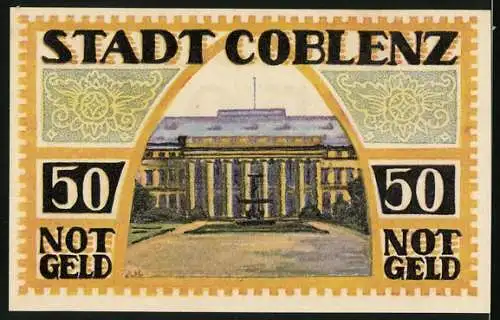 Notgeld Coblenz 1921, 50 Pfennig, Wappen und Königl. Schloss