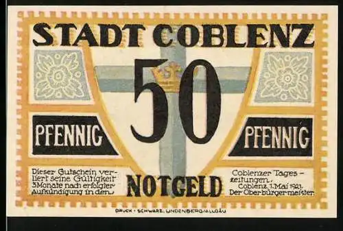 Notgeld Coblenz 1921, 50 Pfennig, Wappen, Kaiser-Wilhelm-Denkmal