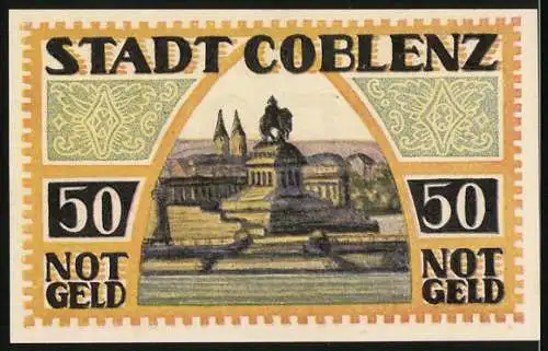 Notgeld Coblenz 1921, 50 Pfennig, Wappen, Kaiser-Wilhelm-Denkmal