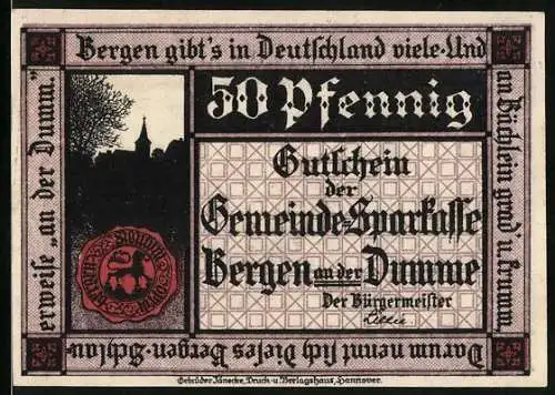 Notgeld Bergen an der Dumme 1922, 50 Pfennig, Ortspartie und Bernhard von Bergen