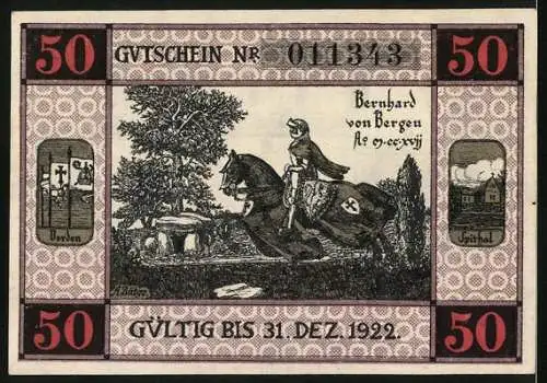 Notgeld Bergen an der Dumme 1922, 50 Pfennig, Ortspartie und Bernhard von Bergen