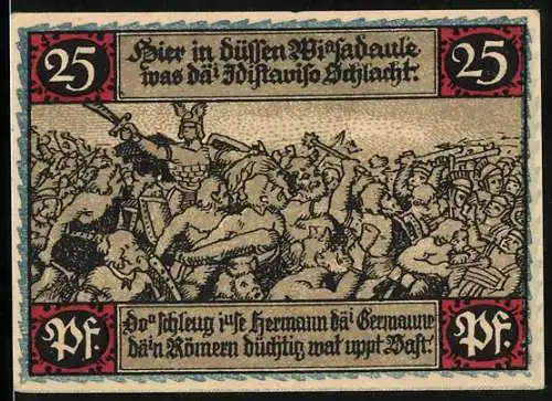 Notgeld Eisbergen a. d. Weser 1921, 25 Pfennig, Schlachtszene und Krieger