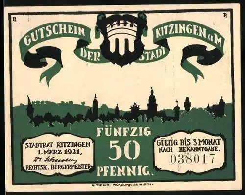 Notgeld Kitzingen a. M. 1921, 50 Pfennig, Ortsansicht mit Wappen, Suche im Stadtsäckel