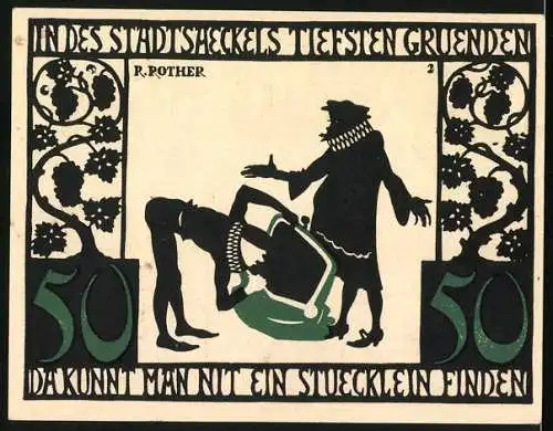 Notgeld Kitzingen a. M. 1921, 50 Pfennig, Ortsansicht mit Wappen, Suche im Stadtsäckel