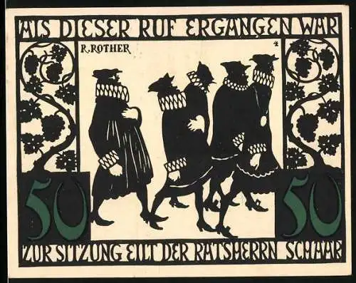 Notgeld Kitzingen a. M. 1921, 50 Pfennig, Zur Sitzung eilt der Ratsherren Schaar, Ortsansicht mit Wappen
