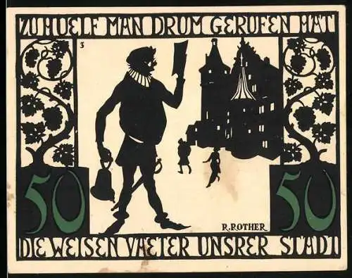 Notgeld Kitzingen a. M. 1921, 50 Pfennig, Zur Hülf man drum gerufen hat die weisen Väter unsrer Stadt, Wappen