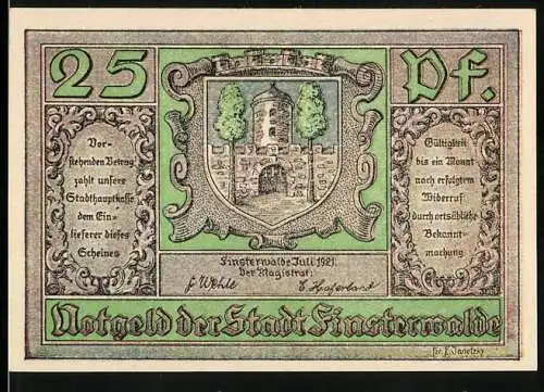 Notgeld Finsterwalde 1921, 25 Pfennig, Wappen, Ritter u. Burgfräulein mit Brücke zur Burg