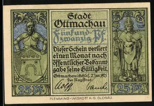 Notgeld Ottmachau in Schlesien 1921, 25 Pfennig, zwei Statuen und Rathaus