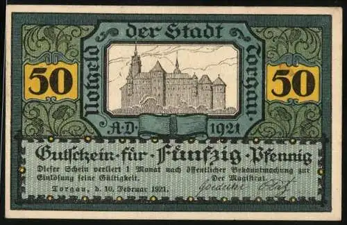 Notgeld Torgau 1921, 50 Pfennig, Schloss und Ritter zu Pferde