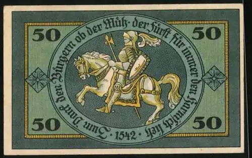 Notgeld Torgau 1921, 50 Pfennig, Schloss und Ritter zu Pferde