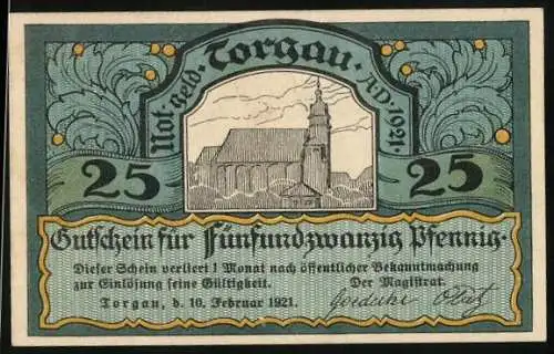 Notgeld Torgau 1921, 25 Pfennig, Kirche und Ritter